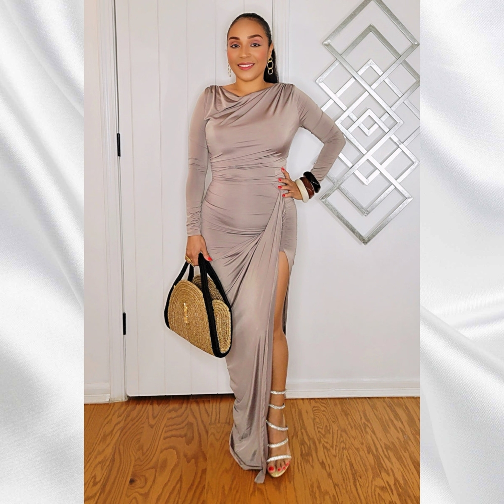 Mocha Twisted Side Slit Maxi Skirt & Long Sleeve Top